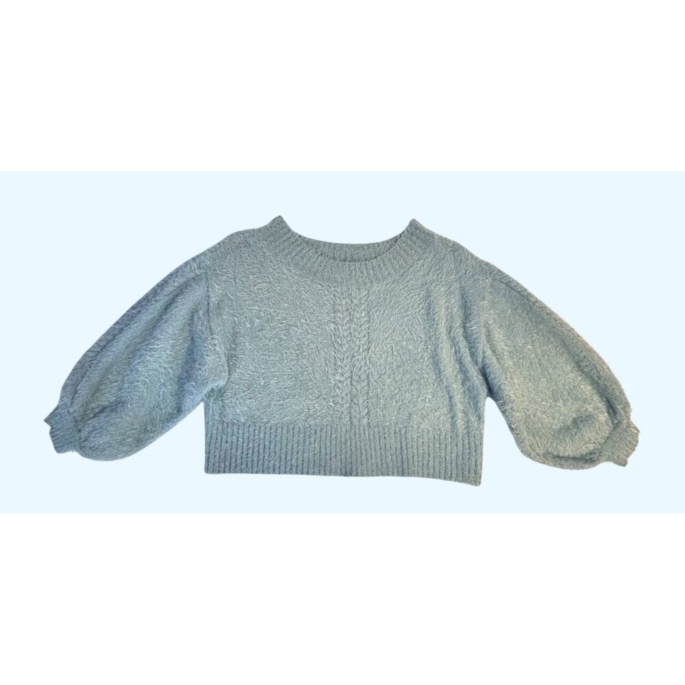 Oliveacous Fuzzy Knit Cropped Sweater Balloon Sleeves‎ Light Sage Green Size M